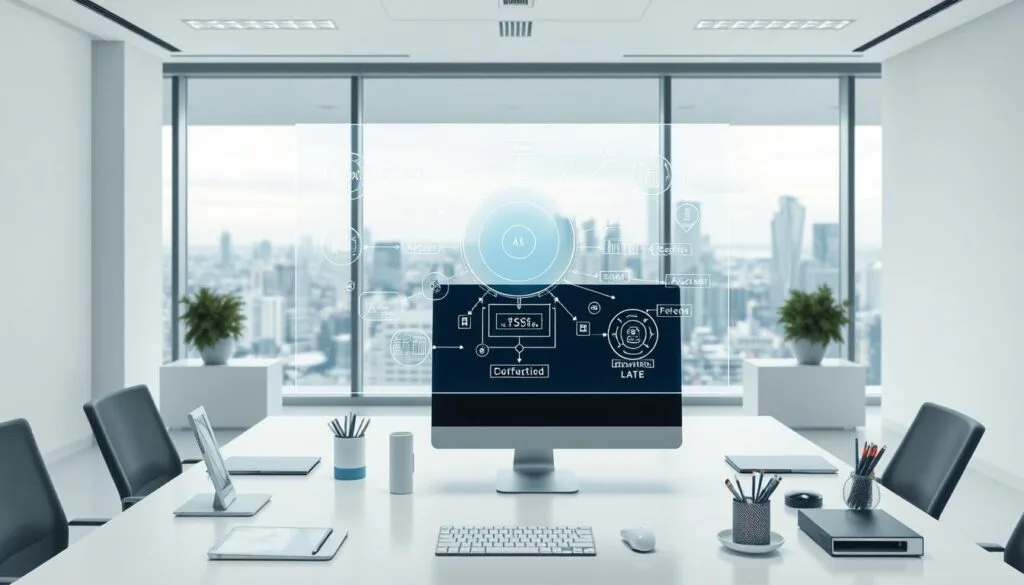 A clean, minimalist office interior with a large desk, modern computer setup, and sleek office supplies. In the center, a 3D holographic projection displays a detailed diagram of an "intégration solutions dématérialisation" system, with various interconnected components and data flows. The lighting is soft and diffused, creating a calm, professional atmosphere. The background showcases a panoramic city skyline view through floor-to-ceiling windows, suggesting a high-tech, urban setting. The camera angle is positioned to capture the holographic display prominently, emphasizing the advanced technological capabilities of the "intégration solutions dématérialisation" system.