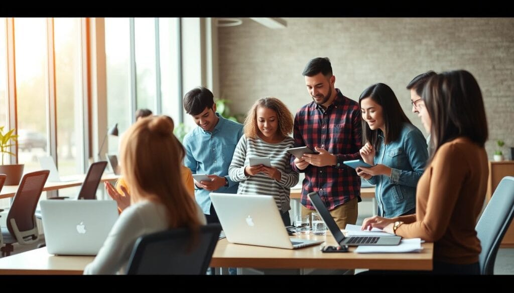 A diverse team of gig workers collaborating on a variety of tasks, with a warm, professional atmosphere. In the foreground, a group of individuals with laptops and tablets, gesturing and discussing project details. In the middle ground, a shared workspace with ergonomic chairs and standing desks, suggesting flexibility and productivity. The background features large windows, allowing natural light to flood the space and create a sense of openness and collaboration. The overall tone is one of efficiency, camaraderie, and the empowerment of temporary workers.