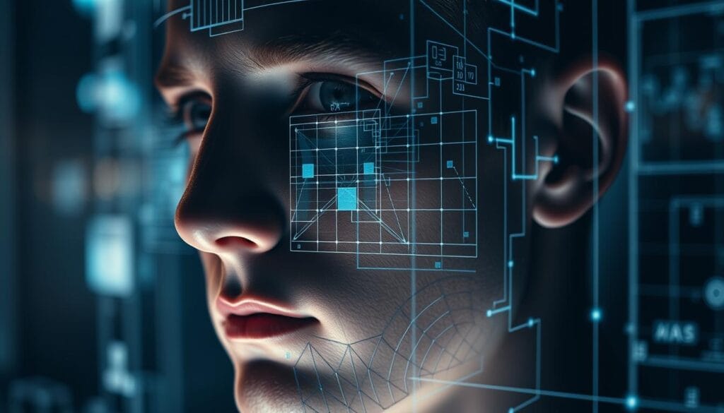 A-high-contrast-close-up-of-a-human-face-undergoing-facial-recognition-analysis.-The-subjects--1024x585 PimEyes : Guide pratique pour la recherche d'images inversées