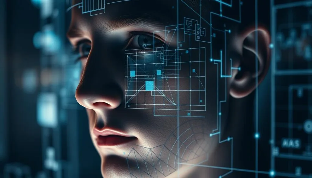 A-high-contrast-close-up-of-a-human-face-undergoing-facial-recognition-analysis.-The-subjects--1024x585 PimEyes : Guide pratique pour la recherche d'images inversées