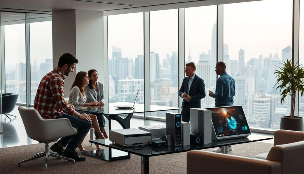 A modern, minimalist office interior with sleek furniture and clean lines. In the foreground, a group of young professionals collaborating around a large glass conference table, their faces filled with focused energy as they discuss innovative Netech services. The middle ground features a prominent display of Netech's cutting-edge tech products, backlit to showcase their elegant design. In the background, floor-to-ceiling windows overlook a bustling city skyline, bathed in warm, diffused lighting that creates a sense of productivity and inspiration. The overall atmosphere conveys Netech's commitment to forward-thinking, customer-centric solutions.