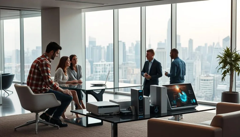 A modern, minimalist office interior with sleek furniture and clean lines. In the foreground, a group of young professionals collaborating around a large glass conference table, their faces filled with focused energy as they discuss innovative Netech services. The middle ground features a prominent display of Netech's cutting-edge tech products, backlit to showcase their elegant design. In the background, floor-to-ceiling windows overlook a bustling city skyline, bathed in warm, diffused lighting that creates a sense of productivity and inspiration. The overall atmosphere conveys Netech's commitment to forward-thinking, customer-centric solutions.