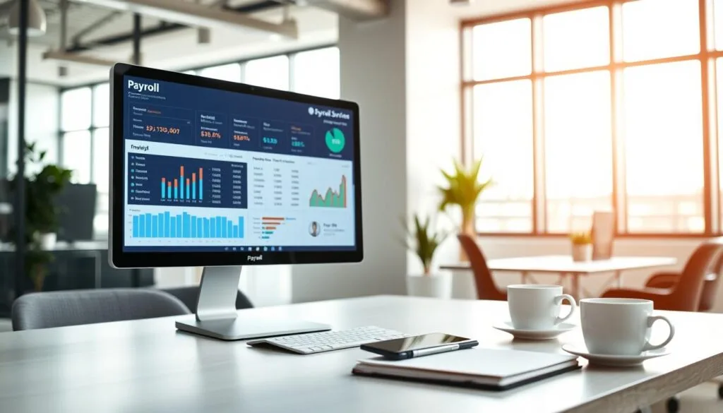A modern office setting with a stylish, minimalist design. In the foreground, a sleek computer monitor displays financial data and payroll information, highlighting the advantages of efficient payroll management. The middle ground features a neatly organized desk with a tablet, notepads, and a cup of coffee, suggesting the convenience and organization brought by professional payroll services. In the background, large windows fill the room with natural light, creating a warm and productive atmosphere. The overall scene conveys the benefits of streamlined payroll operations, such as improved accuracy, time savings, and enhanced financial oversight for a thriving business. A modern office setting with a stylish, minimalist design. In the foreground, a sleek computer monitor displays financial data and payroll information, highlighting the advantages of efficient payroll management. The middle ground features a neatly organized desk with a tablet, notepads, and a cup of coffee, suggesting the convenience and organization brought by professional payroll services. In the background, large windows fill the room with natural light, creating a warm and productive atmosphere. The overall scene conveys the benefits of streamlined payroll operations, such as improved accuracy, time savings, and enhanced financial oversight for a thriving business.