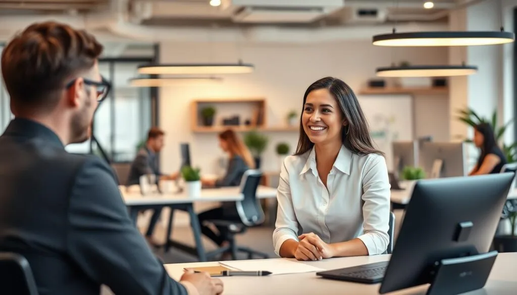 A modern, professional office setting with a cozy, welcoming ambiance. In the foreground, a customer service representative sits at a desk, smiling and engaged in a conversation with a client. The representative's attentive body language and warm expression convey a sense of personalized attention and expertise. The middle ground features additional desks and workstations, with team members collaborating and assisting customers. The background showcases sleek, minimalist decor with a mix of contemporary furniture and natural elements, such as potted plants, creating a harmonious and productive atmosphere. Soft, diffused lighting emanates from overhead fixtures, casting a gentle glow and highlighting the professionalism and attentiveness of the team. The overall scene conveys a sense of personalized, high-quality digital marketing services and customer-centric support. A modern, professional office setting with a cozy, welcoming ambiance. In the foreground, a customer service representative sits at a desk, smiling and engaged in a conversation with a client. The representative's attentive body language and warm expression convey a sense of personalized attention and expertise. The middle ground features additional desks and workstations, with team members collaborating and assisting customers. The background showcases sleek, minimalist decor with a mix of contemporary furniture and natural elements, such as potted plants, creating a harmonious and productive atmosphere. Soft, diffused lighting emanates from overhead fixtures, casting a gentle glow and highlighting the professionalism and attentiveness of the team. The overall scene conveys a sense of personalized, high-quality digital marketing services and customer-centric support.