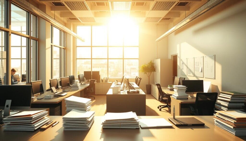 A professional and well-organized temporary staffing agency office, with a large front desk and computer workstations. Sunlight streams in through large windows, creating a bright and airy atmosphere. Desks are neatly arranged, with stacks of contracts and paperwork, reflecting the efficient management of temporary worker placements. The office conveys a sense of professionalism, attention to detail, and a focus on providing high-quality staffing solutions. The lighting is warm and natural, with a mix of overhead and task lighting to facilitate the various administrative tasks. The overall composition should strike a balance between the functional aspects of the office and a welcoming, hospitable ambiance.