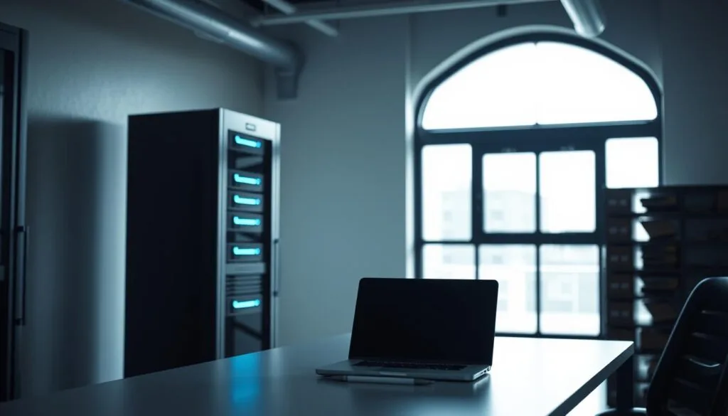 A serene, modern office scene depicting professional data security. In the foreground, a sleek data server rack stands prominently, its glowing indicator lights symbolizing the secure storage of sensitive information. The middle ground features a laptop and smartphone on a minimalist desk, showcasing secure data access and management. Soft, directional lighting from a large window in the background bathes the scene in a calm, professional atmosphere. The overall composition conveys a sense of well-protected, confidential data within a streamlined, trustworthy workspace.