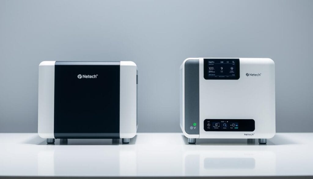 A side-by-side comparison of Netech's flagship biomedical products on a clean, professional-looking table or surface. The products are presented in high detail, with their key features and specifications clearly visible. The lighting is soft and even, highlighting the sleek, modern design of the products. The background is a simple, uncluttered white or muted gray, allowing the products to take center stage. The overall mood is one of clinical precision and technological innovation, reflecting the high-quality nature of Netech's offerings.