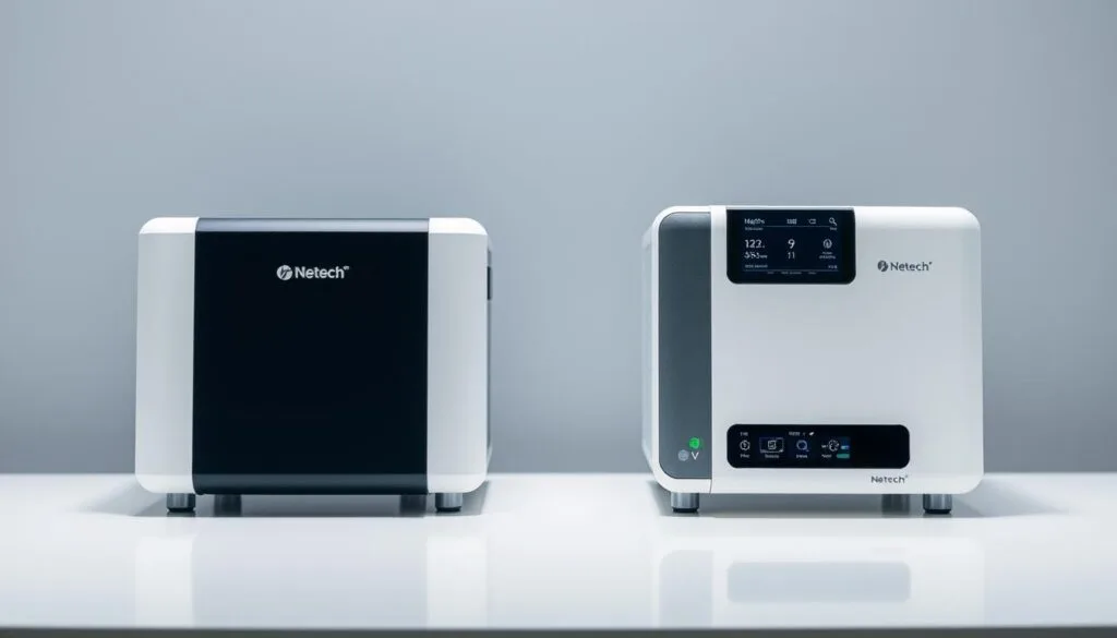 A side-by-side comparison of Netech's flagship biomedical products on a clean, professional-looking table or surface. The products are presented in high detail, with their key features and specifications clearly visible. The lighting is soft and even, highlighting the sleek, modern design of the products. The background is a simple, uncluttered white or muted gray, allowing the products to take center stage. The overall mood is one of clinical precision and technological innovation, reflecting the high-quality nature of Netech's offerings.