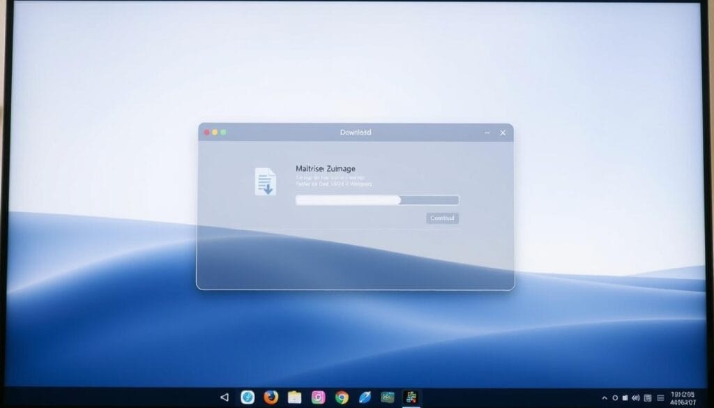 A simplified download process displayed on a sleek desktop interface, with a translucent window showcasing the file transfer progress in real-time. The interface has a minimalist, modern design with clean lines and subtle gradients. The background is a soft, neutral tone, allowing the downloadable content to take center stage. The overall mood is one of efficiency and professionalism, reflecting the practical nature of the "Maîtriser Zupimage" guide. The camera angle is slightly elevated, providing a comprehensive view of the process, while the lighting is diffused and natural, creating a sense of clarity and focus.