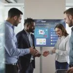 Team reviewing lead generation data on a screen.