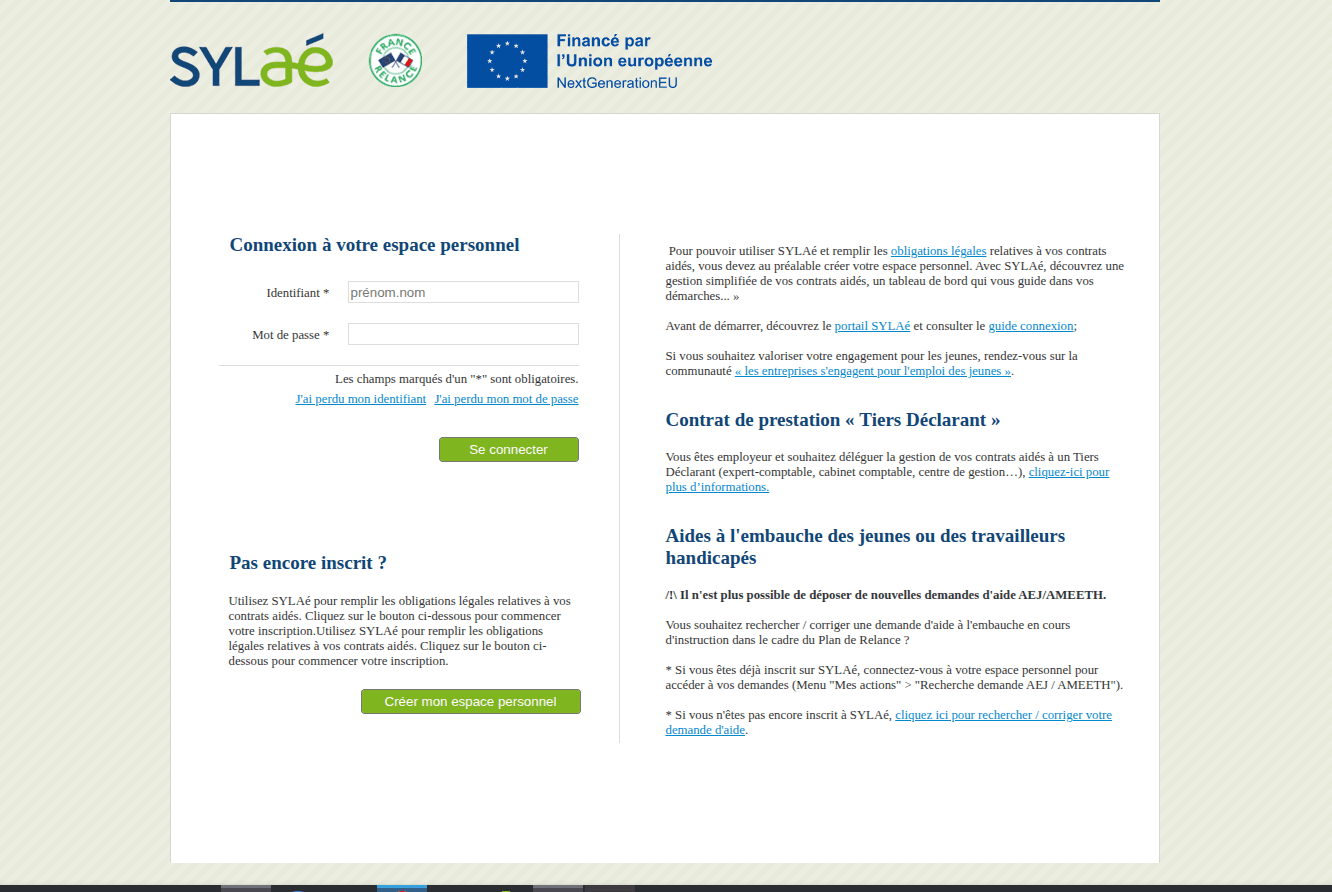Formulaire de connexion à l'espace personnel SYLAé avec champs identifiant et mot de passe, bouton Se connecter, et informations sur les obligations légales et aides à l'embauche.