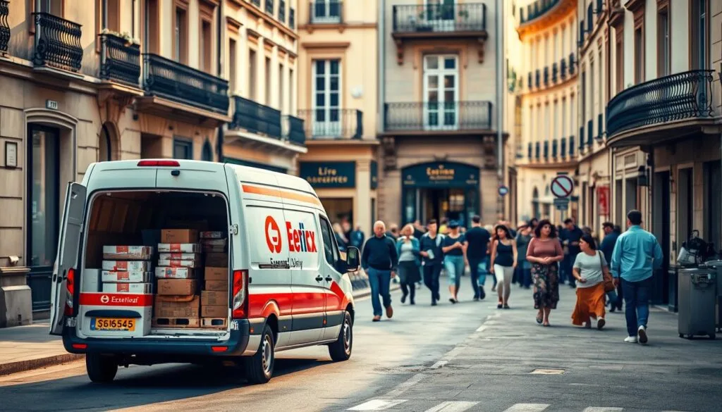 A bustling city street in France, with a prominently positioned delivery van in the foreground. The van, adorned with a bold "Express Delivery" logo, has its back doors open, revealing stacks of parcels waiting to be transported. In the middle ground, pedestrians hurry along the sidewalks, their urgency mirrored by the van's purpose. The background is a blend of classic French architecture, with gently weathered facades and wrought-iron balconies, suggesting a sense of timelessness. Warm, diffused sunlight bathes the scene, creating a soft, inviting atmosphere. The overall composition conveys a sense of efficiency, reliability, and the integral role of logistics in the daily life of this French city.