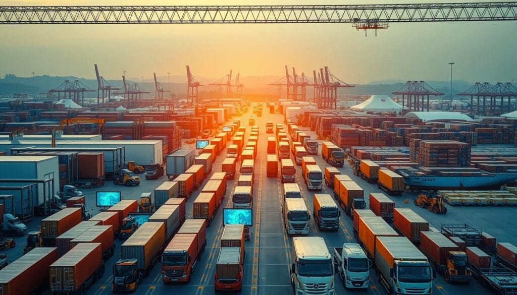 A bustling logistics hub set against a backdrop of towering warehouses and criss-crossing transportation networks. In the foreground, a fleet of trucks, forklifts, and cargo containers move in synchronized precision, reflecting the intricate strategies guiding the flow of goods. The middle ground features a command center with screens displaying real-time data and logistics algorithms, while the distant horizon is dotted with towering gantry cranes and intermodal terminals. The scene is illuminated by a warm, golden light, conveying a sense of efficiency, productivity, and the carefully orchestrated ballet of modern supply chain management.