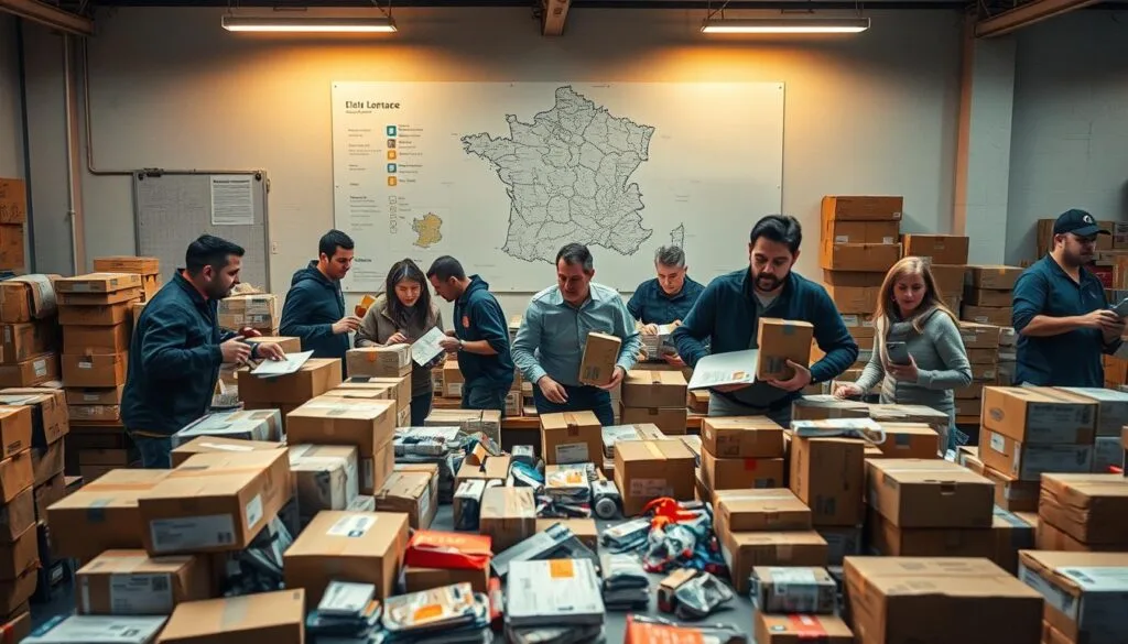 A bustling logistics hub, with packages and parcels scattered across a cluttered table. Delivery workers rush about, navigating the chaos, their expressions harried as they troubleshoot unexpected delays. In the background, a large map of France hangs on the wall, a visual representation of the nationwide logistics network. Warm overhead lighting casts a subdued glow, highlighting the frenetic energy of the scene. The composition emphasizes the challenges of managing the unpredictable nature of freight transportation, conveying the theme of "Gestion des imprévus et réclamations de service" with visual immediacy.