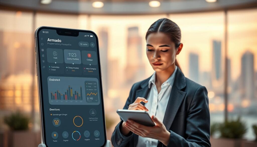 A futuristic mobile application interface showcasing the Armado daily management tool. The foreground depicts a sleek, minimalist dashboard with intuitive icons and infographics, conveying a sense of efficiency and organization. The middle ground features a user interacting with the app on a high-resolution touchscreen device, their expression calm and focused. In the background, a blurred cityscape hints at the app's purpose of empowering professionals in their daily routines. Warm lighting casts a soothing glow, and the overall aesthetic blends modern technology with a human-centric design approach. The image should inspire confidence in Armado's ability to streamline and enhance the professional user's workday.