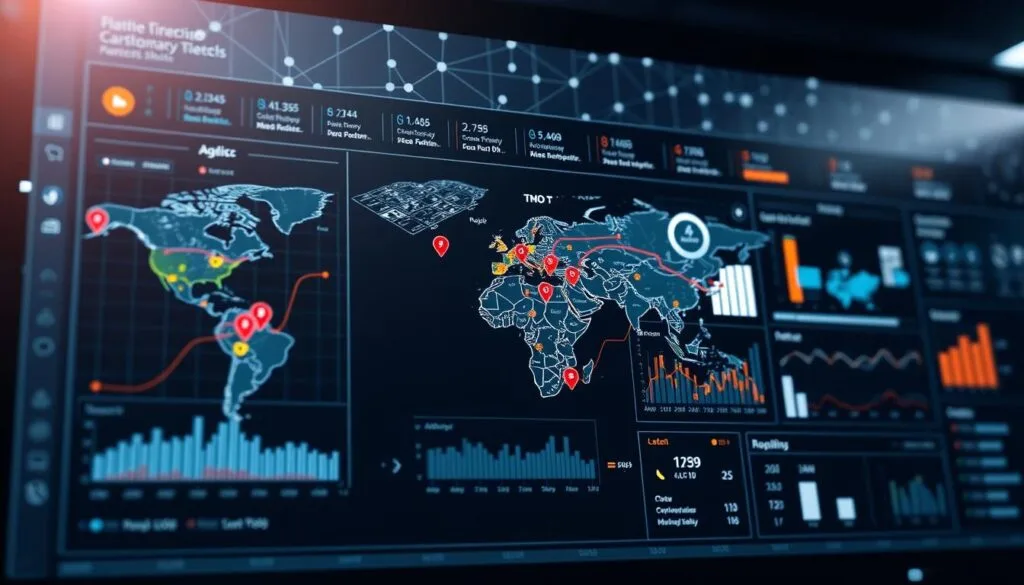 A high-tech logistics dashboard with a sleek, modern interface. In the foreground, a detailed map displays real-time location tracking of parcels, with delivery routes highlighted in vibrant colors. In the middle ground, various data visualizations and analytics charts provide insights into shipment status, delivery times, and efficiency metrics. The background features a subtle grid of interconnected nodes and lines, symbolizing the complex network of transportation and logistics operations. The overall scene conveys a sense of technological sophistication, data-driven decision-making, and seamless package delivery. Soft, directional lighting illuminates the dashboard, creating depth and emphasizing the crisp, minimalist design. The composition is balanced, with a clean, uncluttered layout that draws the viewer's attention to the key information and visuals.