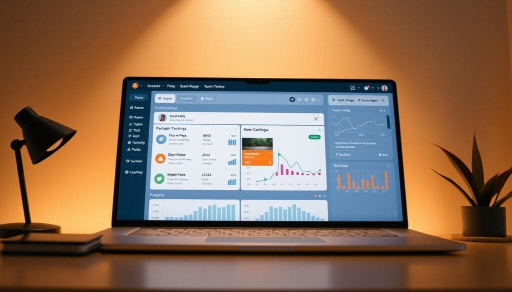 A highly customizable and intuitive user interface with a sleek, modern design. Clean, minimalist layout with a focus on user experience. Intuitive and responsive navigation, allowing for seamless task management. Effortless project tracking and reporting with a variety of configurable widgets and dashboards. Soft, neutral color palette with subtle gradients and clean iconography to enhance productivity and ease of use. Warm, indirect lighting casts a gentle glow, creating a welcoming and focused work environment. Camera angle slightly elevated to showcase the interface's depth and user-friendly flow. A highly customizable and intuitive user interface with a sleek, modern design. Clean, minimalist layout with a focus on user experience. Intuitive and responsive navigation, allowing for seamless task management. Effortless project tracking and reporting with a variety of configurable widgets and dashboards. Soft, neutral color palette with subtle gradients and clean iconography to enhance productivity and ease of use. Warm, indirect lighting casts a gentle glow, creating a welcoming and focused work environment. Camera angle slightly elevated to showcase the interface's depth and user-friendly flow.