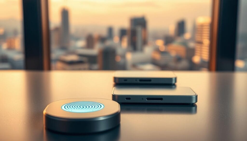 A highly secure digital authentication system set against a sleek, modern backdrop. In the foreground, a close-up of a fingerprint sensor glowing with a subtle blue hue, symbolizing the biometric verification process. In the middle ground, a minimalist smart device or card reader, its clean lines and metallic finish exuding an air of technological sophistication. The background features a softly blurred cityscape, hinting at the seamless integration of this secure authentication solution into the urban landscape. Warm, indirect lighting casts gentle shadows, creating depth and emphasizing the precision engineering of the authentication hardware. The overall mood is one of confidence, efficiency, and unwavering data protection for professional users.