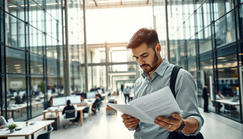 A large modern office building with a sleek, minimalist facade made of glass and steel. The interior is filled with workers using computers and mobile devices, highlighting the process of automation and increased efficiency in administrative tasks. Soft, natural lighting filters through the windows, creating a calm and productive atmosphere. In the foreground, a person is reviewing documents on a tablet, symbolizing the reduction of paperwork and manual processes. The middle ground features collaborative workspaces with employees brainstorming and sharing information. The background showcases automated systems and smart building technologies that optimize energy use and facility management. A large modern office building with a sleek, minimalist facade made of glass and steel. The interior is filled with workers using computers and mobile devices, highlighting the process of automation and increased efficiency in administrative tasks. Soft, natural lighting filters through the windows, creating a calm and productive atmosphere. In the foreground, a person is reviewing documents on a tablet, symbolizing the reduction of paperwork and manual processes. The middle ground features collaborative workspaces with employees brainstorming and sharing information. The background showcases automated systems and smart building technologies that optimize energy use and facility management.