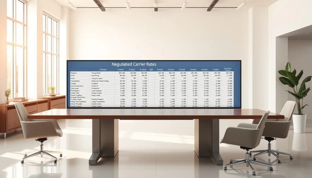 A modern, clean-lined office setting with a large desk showcasing a spreadsheet displaying negotiated carrier rates. The desk is surrounded by a minimalist, light-filled space with sleek, contemporary furniture. Bright natural lighting streams in through large windows, casting a warm glow over the scene. The spreadsheet data is presented in a clear, organized manner, allowing for easy comparison of shipping options and costs. The overall mood is one of efficiency, professionalism, and a focus on optimizing ecommerce logistics solutions. A modern, clean-lined office setting with a large desk showcasing a spreadsheet displaying negotiated carrier rates. The desk is surrounded by a minimalist, light-filled space with sleek, contemporary furniture. Bright natural lighting streams in through large windows, casting a warm glow over the scene. The spreadsheet data is presented in a clear, organized manner, allowing for easy comparison of shipping options and costs. The overall mood is one of efficiency, professionalism, and a focus on optimizing ecommerce logistics solutions.