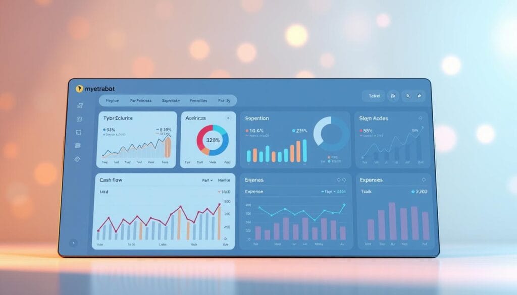 A modern financial dashboard with real-time monitoring of key performance indicators for myextrabat. The foreground features a sleek, minimalist interface with intuitive data visualizations, charts, and graphs tracking cash flow, revenue, expenses, and other crucial financial metrics. The middle ground showcases a responsive, mobile-friendly design optimized for seamless usability on various devices. The background has a subtle, holographic effect, creating a sense of depth and futuristic elegance. Warm, diffused lighting casts a soft, professional glow over the entire scene, emphasizing the sophisticated, high-tech nature of the financial management system. A modern financial dashboard with real-time monitoring of key performance indicators for myextrabat. The foreground features a sleek, minimalist interface with intuitive data visualizations, charts, and graphs tracking cash flow, revenue, expenses, and other crucial financial metrics. The middle ground showcases a responsive, mobile-friendly design optimized for seamless usability on various devices. The background has a subtle, holographic effect, creating a sense of depth and futuristic elegance. Warm, diffused lighting casts a soft, professional glow over the entire scene, emphasizing the sophisticated, high-tech nature of the financial management system.