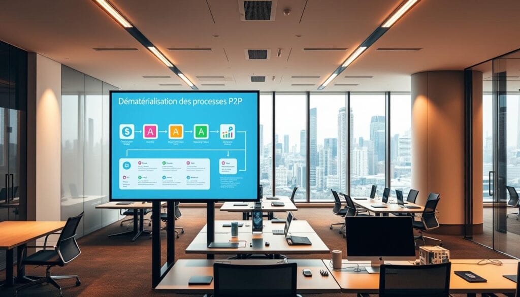 A modern, minimalist office interior with sleek, glass-walled conference rooms and open workspaces. In the foreground, a large touchscreen display shows a digital workflow illustrating the "dématérialisation des processus P2P", with colorful icons and intuitive UI elements. Warm, directional lighting highlights the clean, streamlined aesthetic, creating a sense of productivity and efficiency. The middle ground features desk setups with minimalist devices and clutter-free surfaces, conveying an organized, paperless environment. In the background, tall windows offer views of a vibrant cityscape, underscoring the forward-thinking, technology-driven nature of the Yooz financial management solution.