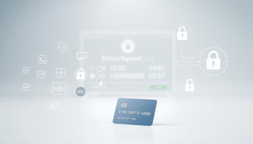 A secure online payment scene set in a modern, minimalist environment. In the foreground, a series of abstract glyphs and icons representing secure payment protocols hover over a stylized credit card. The midground features a clean, uncluttered interface with intuitive navigational elements. In the background, a soft, muted color palette evokes a sense of digital trust and reassurance. Diffused lighting creates a calming, professional atmosphere, while subtle details such as padlock symbols and encrypted data streams reinforce the theme of secure online transactions. The overall composition conveys a streamlined, trustworthy experience for digital financial services.