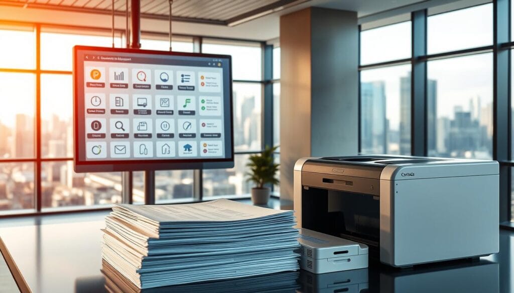 A sleek and modern office interior, bathed in warm, natural lighting. In the foreground, a sophisticated document management system interface is prominently displayed on a large, high-resolution touchscreen monitor. Various icons and intuitive controls suggest a comprehensive suite of features for effortless contract and document organization. The middle ground showcases a neatly arranged stack of physical documents, meticulously organized, alongside a professional-grade document scanner, hinting at seamless digital integration. In the background, floor-to-ceiling windows offer a panoramic view of a bustling city skyline, conveying a sense of efficiency and technological prowess. The overall atmosphere is one of streamlined productivity and advanced document management capabilities.