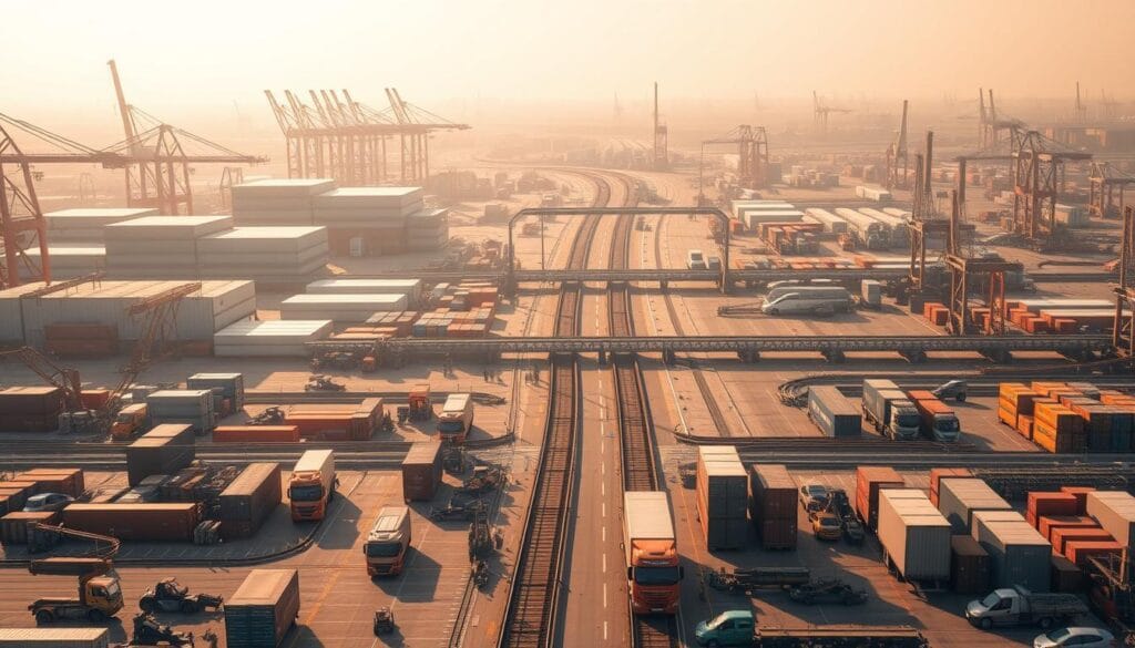 A sprawling international logistics hub, with towering warehouses, cranes, and cargo containers spanning the horizon. In the foreground, a bustling scene of trucks, forklifts, and workers efficiently coordinating the flow of goods. The middle ground features a network of railways and highways, connecting this central hub to a global supply chain. The background is bathed in warm, golden light, conveying a sense of progress and prosperity. Captured with a wide-angle lens, the scene exudes a sense of scale, dynamism, and the relentless pulse of modern international logistics.