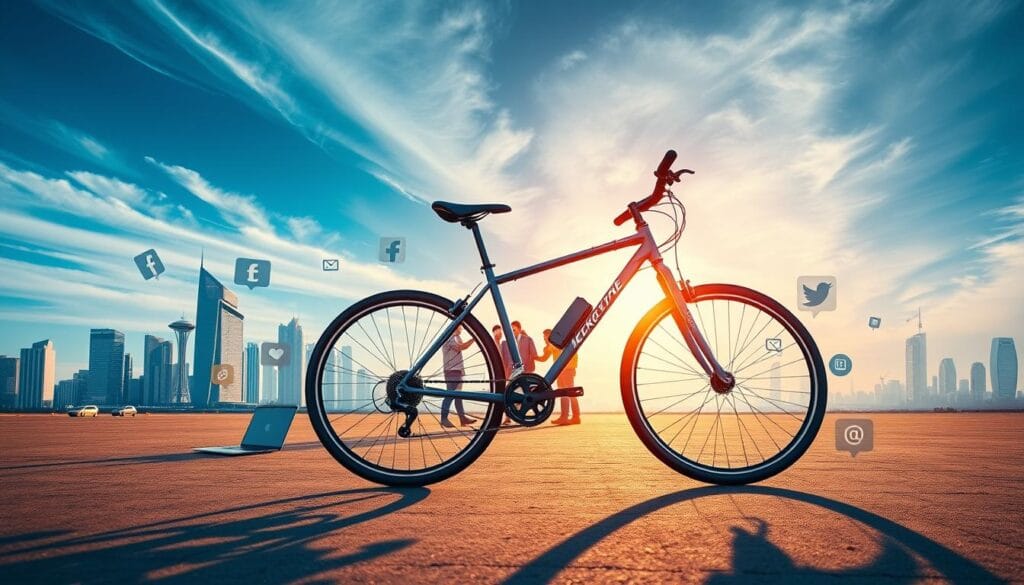 A vast open landscape with a bicycle prominently displayed in the foreground, surrounded by various digital marketing elements such as laptops, smartphones, and social media icons. The bicycle is positioned at a slight angle, casting dynamic shadows across the scene. The middle ground features a group of people collaborating on a digital strategy, their faces obscured to emphasize the focus on the technology. In the background, a cityscape of modern high-rise buildings and a vibrant blue sky with wispy clouds create a sense of urban progress and innovation. The lighting is a combination of warm, natural sunlight and cool, digital undertones, evoking a harmonious fusion of traditional and digital marketing. The overall mood is one of dynamic, forward-thinking strategy and the power of technology to drive business success.