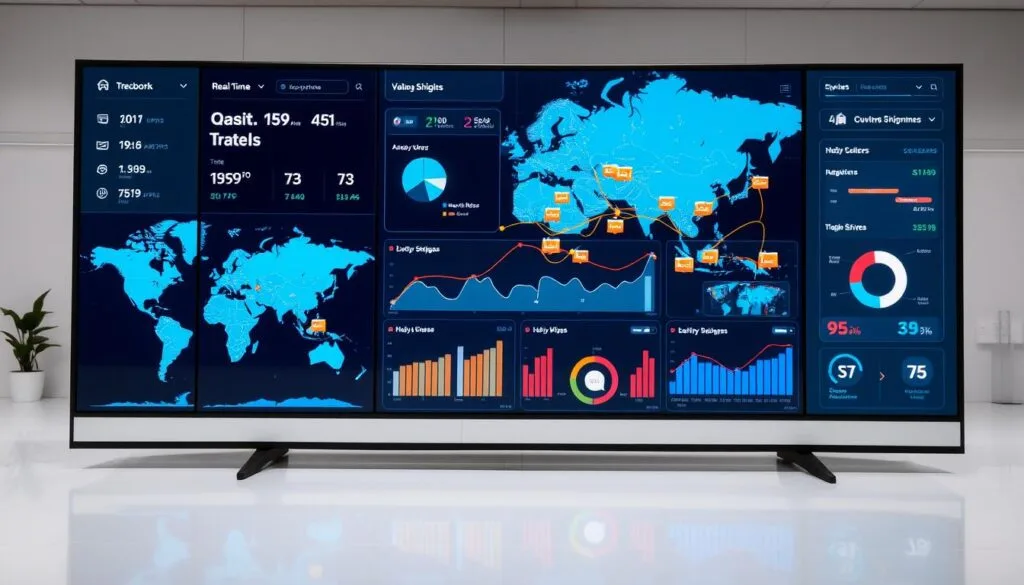 A vibrant and dynamic real-time tracking system for e-commerce shipments, with a sleek and intuitive user interface displayed on a large, high-resolution display. The foreground showcases a real-time map with animated package icons tracing delivery routes, providing a clear visual overview of the current status of all ongoing shipments. The middle ground features a dashboard with charts, graphs, and relevant metrics, allowing e-commerce business owners to monitor key performance indicators at a glance. The background depicts a clean, minimalist workspace, creating a professional and efficient atmosphere, reflecting the simplified logistics solutions offered by the service. A vibrant and dynamic real-time tracking system for e-commerce shipments, with a sleek and intuitive user interface displayed on a large, high-resolution display. The foreground showcases a real-time map with animated package icons tracing delivery routes, providing a clear visual overview of the current status of all ongoing shipments. The middle ground features a dashboard with charts, graphs, and relevant metrics, allowing e-commerce business owners to monitor key performance indicators at a glance. The background depicts a clean, minimalist workspace, creating a professional and efficient atmosphere, reflecting the simplified logistics solutions offered by the service.