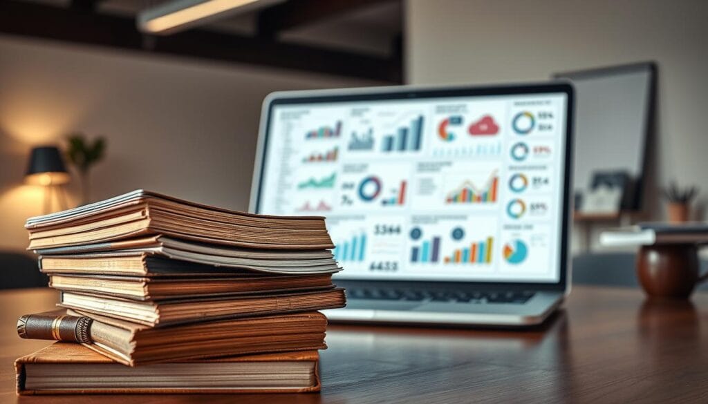 A vibrant, high-resolution image showcasing a collection of marketing case studies. The foreground features a stack of hardbound books with weathered covers, their pages filled with detailed analyses and insights. In the middle ground, a sleek, modern laptop displays various data visualizations and infographics, highlighting key findings from the case studies. The background depicts a minimalist office environment, with clean lines, neutral tones, and subtle lighting that creates a professional, analytical atmosphere. The overall composition conveys a sense of diligence, expertise, and the rigorous study of real-world marketing challenges and solutions.