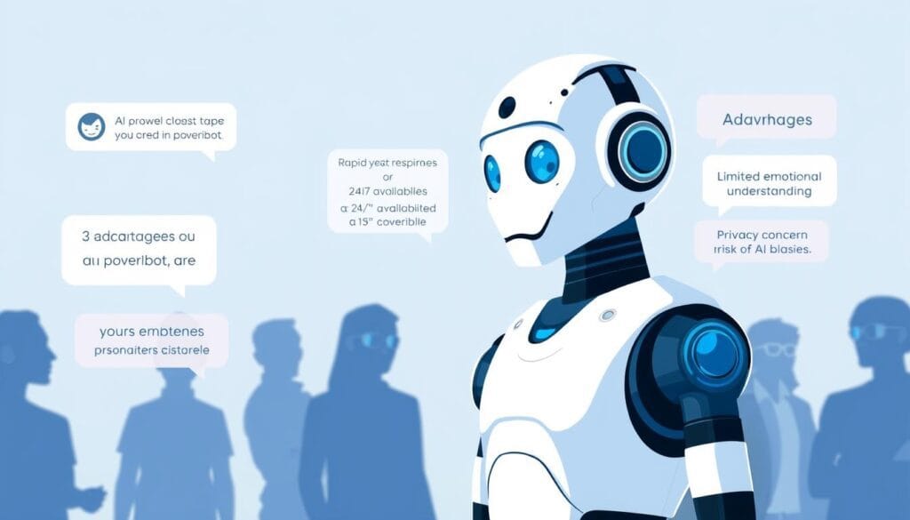 A vibrant illustration depicting the advantages and disadvantages of a chatbot, captured in a clean, minimalist style. In the foreground, a sleek, AI-powered chatbot avatar interacts with a user, showcasing its efficiency and responsiveness. In the middle ground, visual cues highlight the advantages - rapid response times, 24/7 availability, and personalized assistance. However, in the background, shadowy figures represent the potential drawbacks, such as limited emotional understanding, privacy concerns, and the risk of AI biases. The overall tone is one of balanced consideration, inviting the viewer to carefully weigh the tradeoffs of this emerging technology.