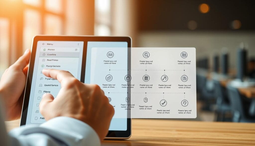 A visually compelling illustration of the "procedure for creating an e-card". The foreground depicts a person's hand interacting with a sleek, minimalist digital interface on a tablet device, navigating through various menus and options. The middle ground showcases a schematic diagram outlining the step-by-step workflow, with clean lines and intuitive iconography. The background features a soft, blurred cityscape, hinting at the professional, modern context in which this e-card creation process would take place. The lighting is warm and natural, creating a sense of approachability and user-friendliness. The overall composition conveys the efficiency, simplicity, and convenience of the e-card creation procedure for business professionals.