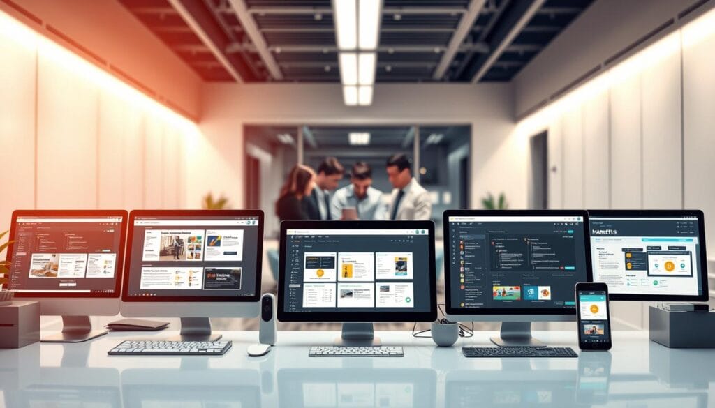 A well-organized and visually engaging illustration of integrated marketing tools. In the foreground, an array of digital devices and software interfaces arranged in a harmonious layout, showcasing seamless connectivity and customization options. The middle ground features a team of professionals collaborating on a project, their faces partially obscured to emphasize the focus on the tools. In the background, a sleek, minimalist office environment with clean lines and neutral tones, creating a sense of professionalism and efficiency. Soft, directional lighting casts a warm glow, evoking a productive and collaborative atmosphere. The overall composition should convey the flexibility, integration, and customization capabilities of the marketing project management solution. A well-organized and visually engaging illustration of integrated marketing tools. In the foreground, an array of digital devices and software interfaces arranged in a harmonious layout, showcasing seamless connectivity and customization options. The middle ground features a team of professionals collaborating on a project, their faces partially obscured to emphasize the focus on the tools. In the background, a sleek, minimalist office environment with clean lines and neutral tones, creating a sense of professionalism and efficiency. Soft, directional lighting casts a warm glow, evoking a productive and collaborative atmosphere. The overall composition should convey the flexibility, integration, and customization capabilities of the marketing project management solution.