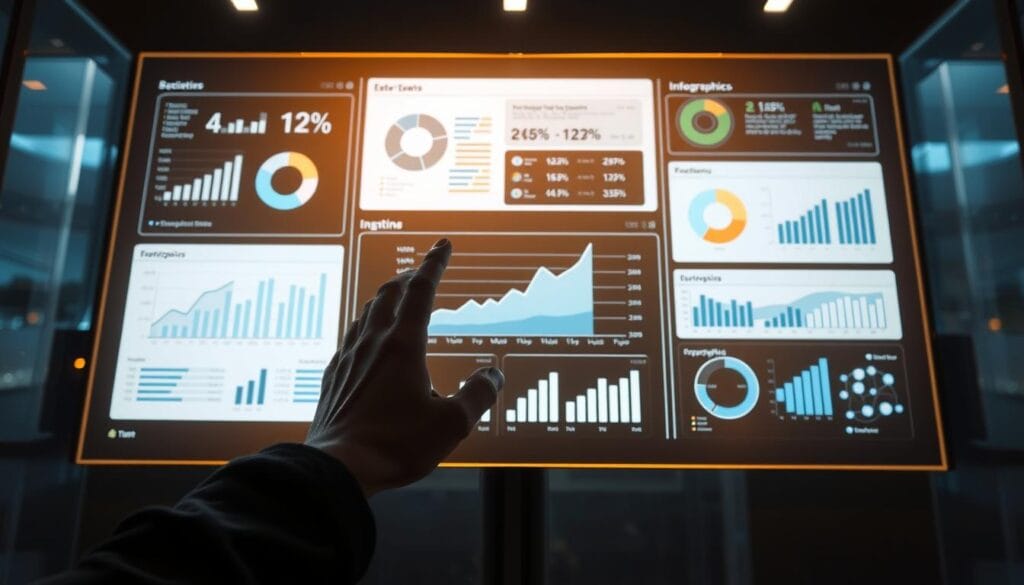 An intuitive data visualization interface, glowing with a warm, soft light that emanates from the screen. The display shows a clean, minimalist layout with dynamic charts, graphs, and infographics that elegantly present complex information in an easy-to-understand manner. The interface seamlessly integrates touch controls, allowing the user to effortlessly navigate and interact with the data. The overall aesthetic is modern, sophisticated, and inviting, creating a user experience that is both visually appealing and highly functional. Subtle shadows and reflections add depth and dimension, while a sense of harmony and balance pervades the scene.