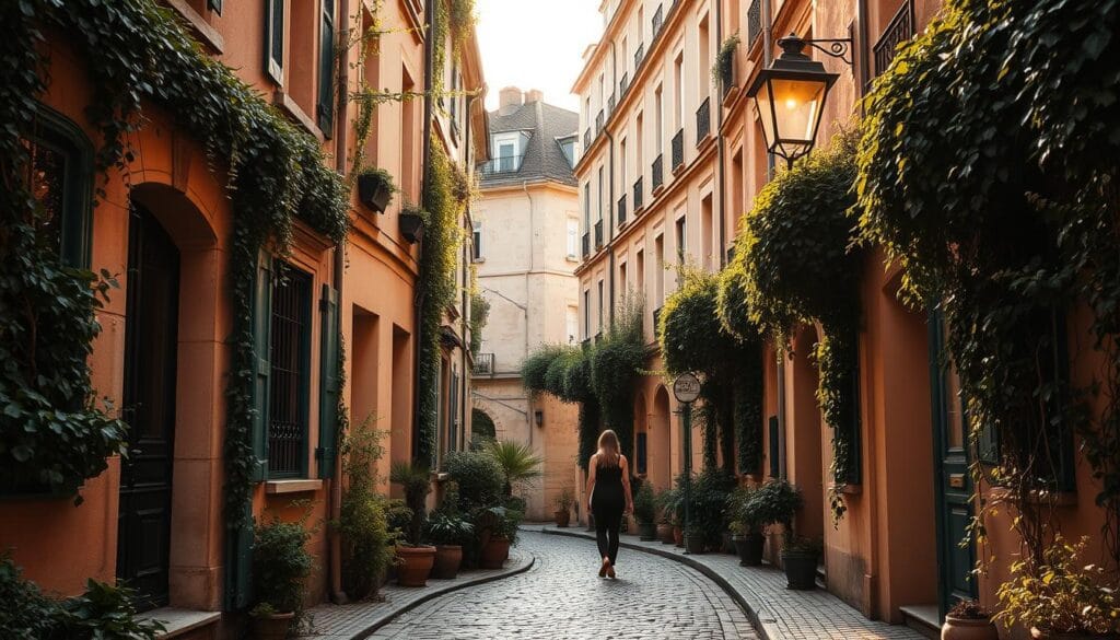 Impasse Latrobe, a quaint alleyway in the heart of the city, bathed in warm afternoon light. The cobblestone path winds between charming townhouses, their facades adorned with climbing vines and ornate window frames. Streetlamps cast a soft, golden glow, illuminating the nooks and crannies of this tucked-away urban sanctuary. Lush foliage lines the sides, creating a serene, almost whimsical atmosphere. A lone pedestrian strolls leisurely, capturing the tranquil essence of this hidden gem. The scene exudes a sense of timelessness, inviting the viewer to pause and soak in the peaceful ambiance of this delightful urban oasis.