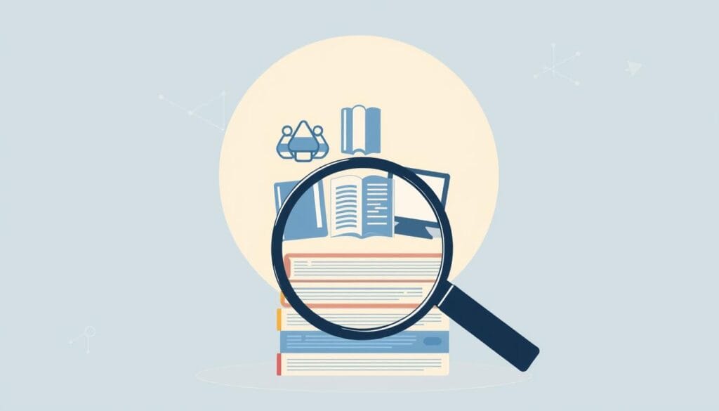 Prompt A meticulously designed illustration depicting the concept of "quality information verification sources". In the foreground, a magnifying glass examines a stack of documents, emphasizing the diligent process of validating information. The middle ground features a trio of source icons - a newspaper, a book, and a computer screen - representing the diverse mediums through which data is disseminated. The background is a minimalist geometric pattern, subtly hinting at the structured, systematic approach to information curation. The overall composition conveys a sense of thoughtfulness, rigor, and attention to detail, reflecting the importance of reliable, high-quality sources in the digital age.