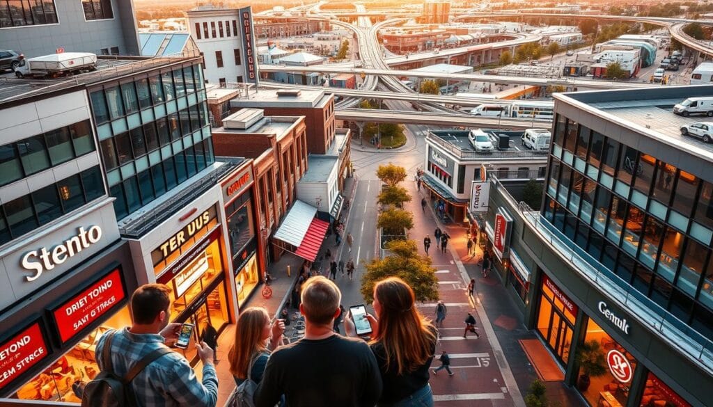a panoramic aerial view of a vibrant downtown area with modern buildings, shops, and restaurants, showcasing strategies for local SEO and online visibility. The scene is bathed in warm, golden hour lighting, creating a cozy and inviting atmosphere. In the foreground, a group of people are engaged in conversation, gesturing towards their mobile devices, representing the importance of digital marketing and presence. The middle ground features storefront signage, window displays, and street-level pedestrian activity, emphasizing the local business landscape. In the background, a network of interconnected roads and transportation infrastructure highlights the connectivity and accessibility of the area. The composition emphasizes the harmony between physical and digital elements, underscoring the comprehensive approach to optimizing online visibility and local relevance.