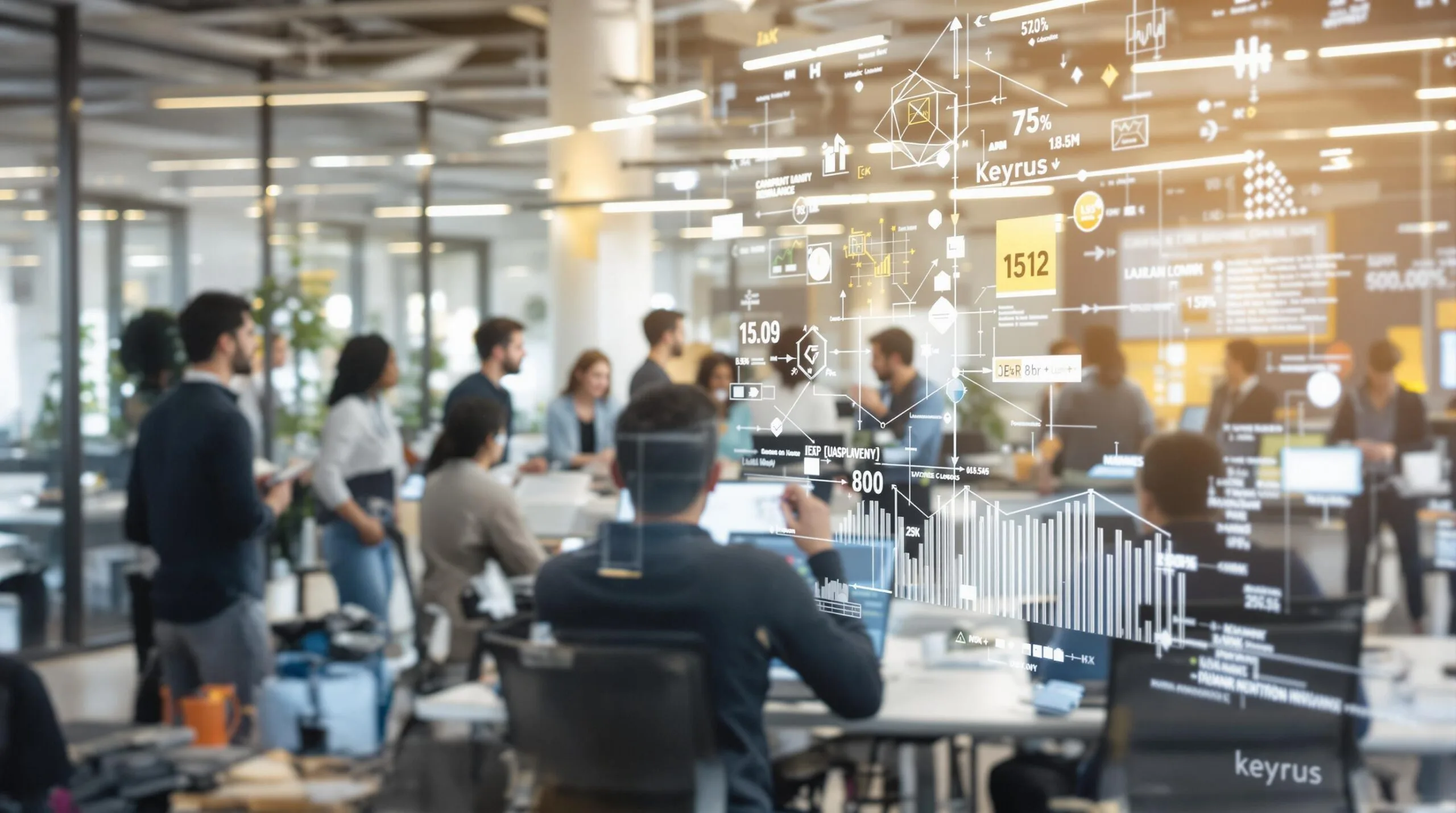 Office with people and superimposed data visualizations.