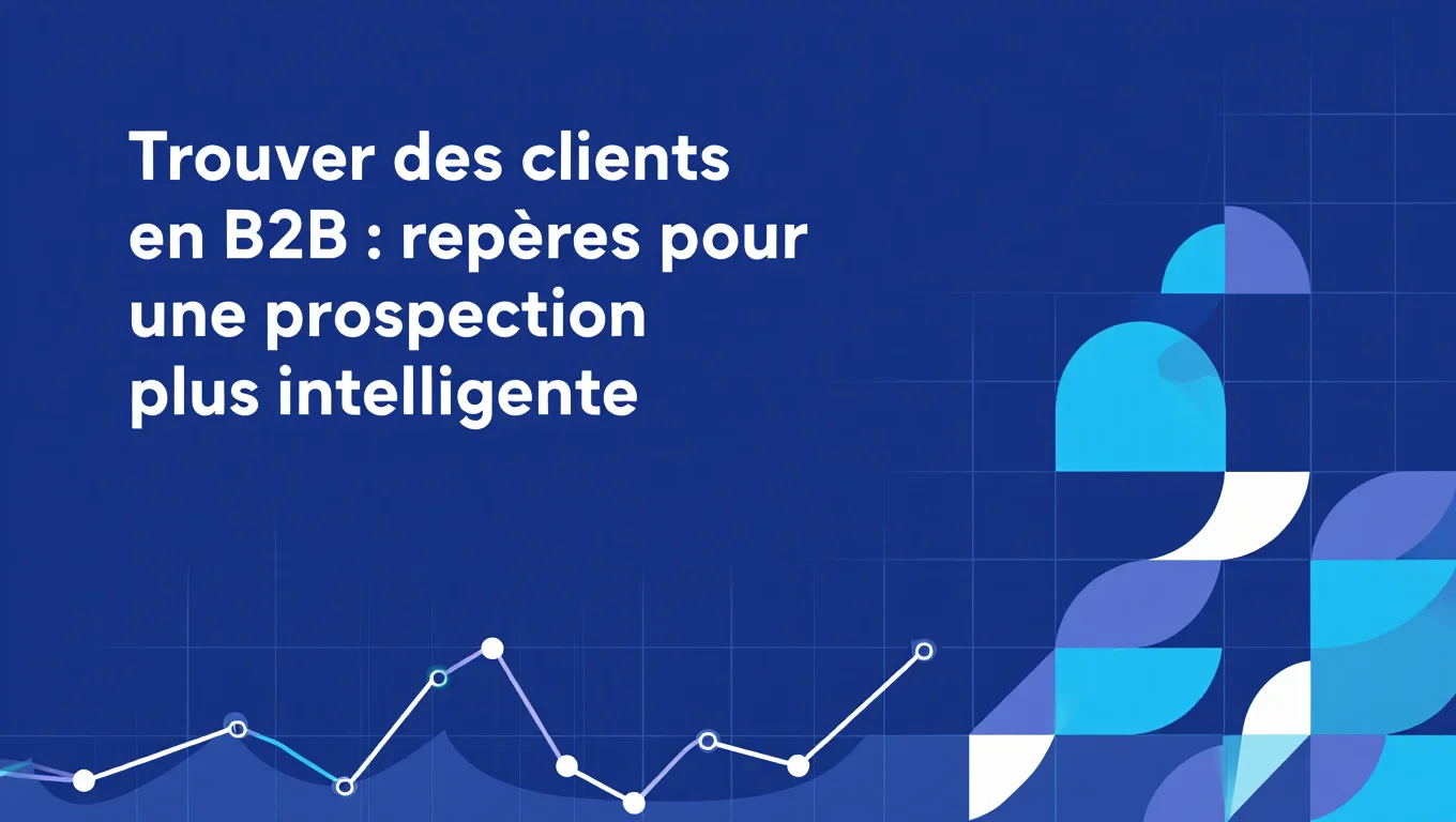 Fond bleu avec titre sur la prospection B2B, graphique linéaire blanc et formes géométriques cyan et violettes abstraites.