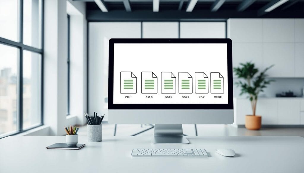 A clean, modern office space with a minimalist aesthetic. In the foreground, a sleek desktop computer displays a selection of downloadable file formats - PDF, XLSX, CSV, and more - against a neutral backdrop. The middle ground features a stylish desk with a few essential office supplies, creating a sense of functionality and organization. The background showcases large windows, allowing natural light to flood the space and create a bright, airy atmosphere. The overall mood is professional, efficient, and visually appealing, reflecting the theme of accessing data and analysis tools. A clean, modern office space with a minimalist aesthetic. In the foreground, a sleek desktop computer displays a selection of downloadable file formats - PDF, XLSX, CSV, and more - against a neutral backdrop. The middle ground features a stylish desk with a few essential office supplies, creating a sense of functionality and organization. The background showcases large windows, allowing natural light to flood the space and create a bright, airy atmosphere. The overall mood is professional, efficient, and visually appealing, reflecting the theme of accessing data and analysis tools.