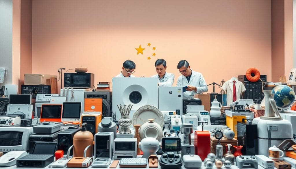 A high-quality image depicting the impact of "Made in PRC" on product perception. In the foreground, a diverse array of Chinese-made products, ranging from electronics and appliances to textiles and household items, are displayed against a plain white background, showcasing their intricate designs and attention to detail. The middle ground features a team of quality control inspectors closely examining the products, their expressions conveying a sense of diligence and commitment to ensuring excellence. In the background, a faint outline of the Chinese flag subtly suggests the national origin of these goods, while a warm, natural lighting scheme emphasizes the craftsmanship and attention to detail. The overall mood is one of professionalism, attention to quality, and a desire to challenge preconceptions about Chinese-made products.