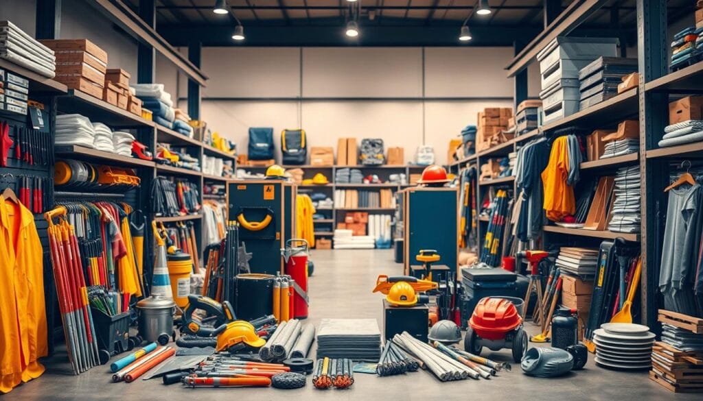 A meticulously crafted display of professional BTP (construction and public works) products, illuminated by warm, natural lighting and captured with a wide-angle lens. In the foreground, a diverse array of tools, equipment, and materials stand proudly, showcasing the breadth and quality of the product range. The middle ground features neatly arranged shelves and displays, highlighting the organization and accessibility of the inventory. In the background, a softly blurred backdrop suggests a well-equipped showroom or warehouse, creating a sense of professionalism and expertise. The overall composition conveys a sense of authority, reliability, and a commitment to serving the needs of construction industry professionals.