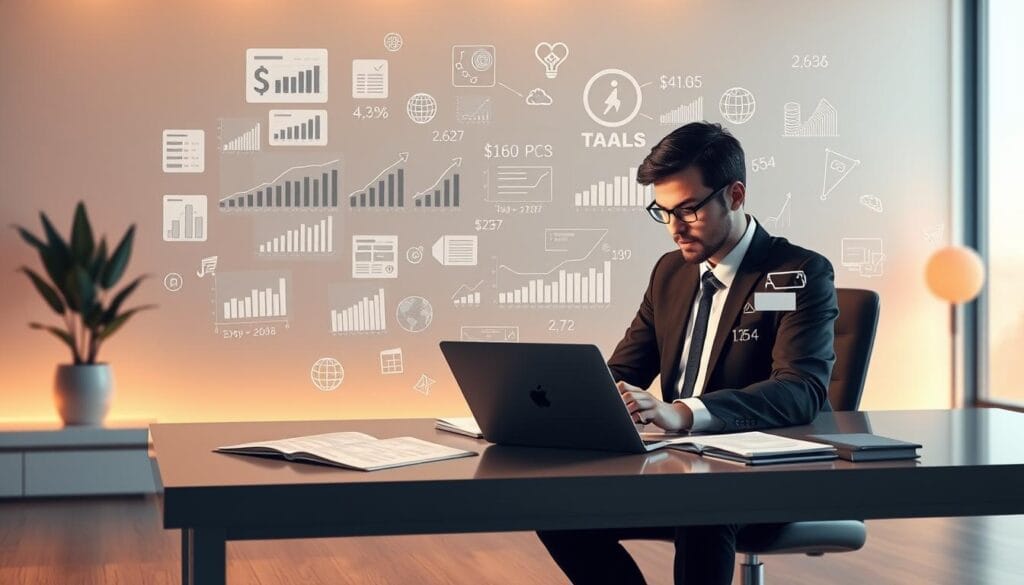 A meticulously detailed illustration of the financial and tax mechanisms involved in investing in an innovative startup. A sleek, modern office scene with a businessperson analyzing financial documents and data visualizations on a laptop, surrounded by charts, graphs, and numerical calculations floating in a serene, minimalist environment. Warm lighting casts a soft glow, creating a contemplative atmosphere. The composition emphasizes the complexities and technicalities of the investment process, inviting the viewer to delve into the intricacies of startup finance and taxation.