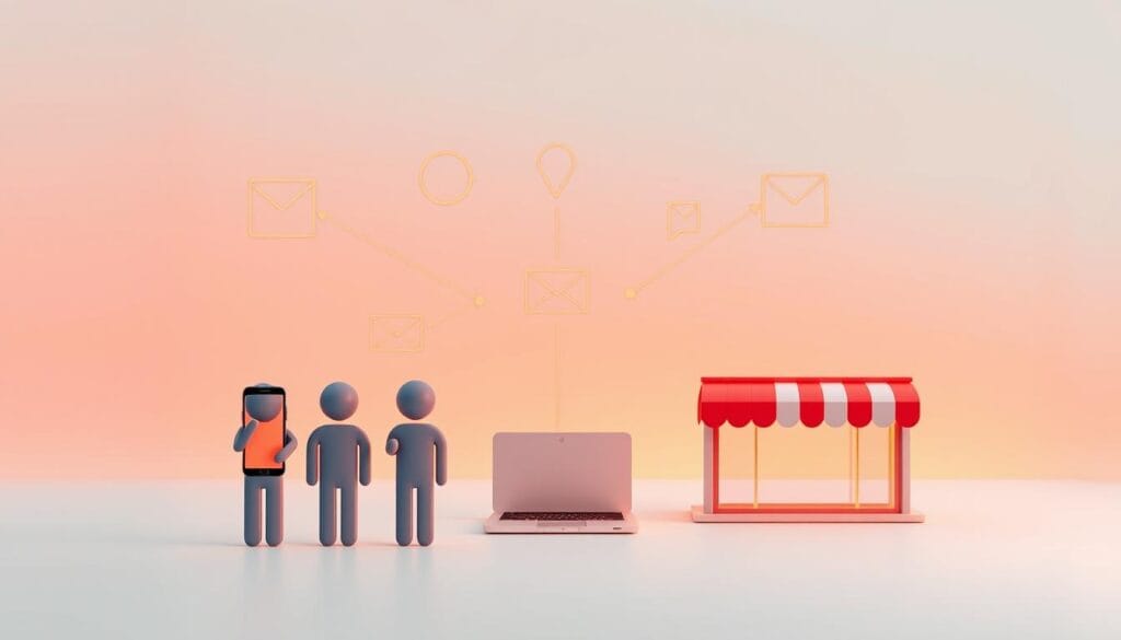 A modern, minimalist illustration depicting the concept of multichannel direct marketing. In the foreground, a group of stylized human icons represent different customer touchpoints - a smartphone, a laptop, a physical mailpiece, and a retail store. The middle ground features abstract shapes and lines symbolizing data flows and communication channels connecting these touchpoints. The background has a sleek, gradient-based color scheme evoking a technological, digital ambiance. Warm studio lighting casts subtle shadows, emphasizing the three-dimensional layout. The overall composition conveys the integrated, interconnected nature of a comprehensive multichannel marketing strategy. A modern, minimalist illustration depicting the concept of multichannel direct marketing. In the foreground, a group of stylized human icons represent different customer touchpoints - a smartphone, a laptop, a physical mailpiece, and a retail store. The middle ground features abstract shapes and lines symbolizing data flows and communication channels connecting these touchpoints. The background has a sleek, gradient-based color scheme evoking a technological, digital ambiance. Warm studio lighting casts subtle shadows, emphasizing the three-dimensional layout. The overall composition conveys the integrated, interconnected nature of a comprehensive multichannel marketing strategy.