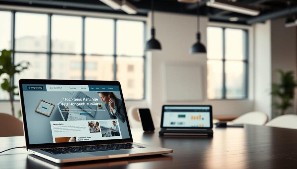 A professional, high-quality website with a clean, modern design. In the foreground, a laptop display showcases the website's interface, featuring elegant typography, intuitive navigation, and compelling visuals. The middle ground features a desk setup with various devices, including a tablet and smartphone, all seamlessly integrated into the web experience. The background depicts a bright, minimalist office space with large windows, allowing natural light to filter in and create a warm, productive atmosphere. The overall scene conveys a sense of expertise, efficiency, and a commitment to delivering exceptional web solutions.