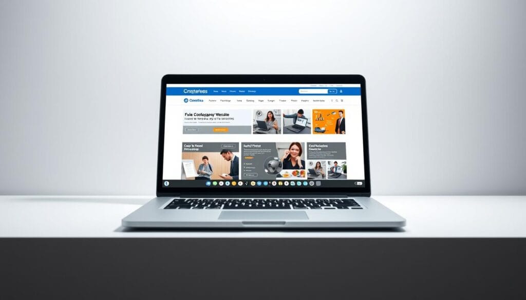 A professional, modern website displayed on a sleek, silver laptop against a minimalist, light gray background. The website showcases a clean, user-friendly interface with intuitive navigation, high-quality visuals, and a harmonious color palette. The screen depicts various sections of the website, highlighting its customization capabilities to cater to diverse business needs. Soft, directional lighting illuminates the scene, creating a sense of sophistication and attention to detail. The overall composition conveys the idea of a tailor-made, high-quality web solution that can elevate a company's online presence.