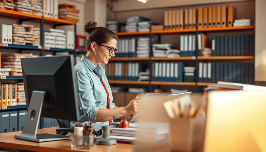 A professional order process unfolding in a well-organized office setting. In the foreground, a customer service representative reviews order details on a computer monitor, their focused expression conveying expertise. The middle ground features an ergonomic desk and chair, along with neatly arranged office supplies - a symbol of efficiency. In the background, shelves brimming with product catalogs and files suggest the comprehensive inventory and record-keeping capabilities of the Würth brand. Warm, natural lighting illuminates the scene, creating a sense of professionalism and reliability. The overall atmosphere is one of streamlined, customer-centric order management - a visual representation of the "Procédure de commande et gestion du compte client" described in the article.