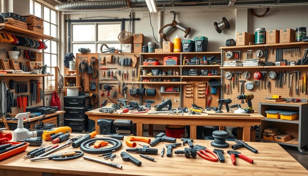 A professional workshop setting, showcasing an extensive range of high-quality, industrial-grade products. The foreground features a sturdy, wooden workbench displaying a diverse assortment of tools, hardware, and specialized equipment. Midground showcases various product categories such as power tools, hand tools, fasteners, and safety gear, all neatly organized on shelves. The background depicts a well-lit, clean, and organized workshop environment, with natural lighting filtering through large windows, casting a warm, inviting glow. The overall scene conveys a sense of expertise, reliability, and a comprehensive solution for the discerning professional.